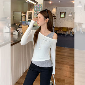 Korean Style Long Sleeve Embroidered Knit Top Shoulder Bared Base Layer T-Shirt Womens Autumn Top Slim Fit Daily Wear