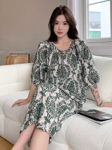 Floral Summer Cotton Silk Mid-Sleeve plus Size Nightdress Womens 100.00kg Thin Loose Chubby Girl Cotton Silk Dress Home Wear