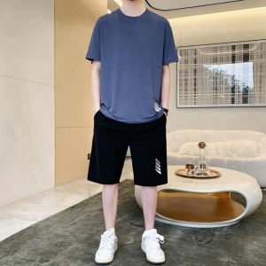 ROMON | Lomond Mens Short Sleeve T-Shirt Set Summer Thin Ice Silk Casual Outdoor Running Fitness Shorts Two-Piece Sportswear Ensemble