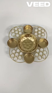 Handcrafted Metal Urli with Pearl Bead Design & 4 Candle Holders | Decorative Floating Flower Bowl for Pooja Room (Pack of 1 Pc | Size - 6.5 Inch)