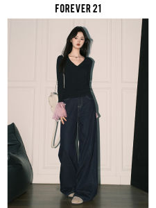 Forever 21 Vintage Deep Blue Loose Narrow Denim Jeans Womens High Waist Slimming Drapey Wide Leg Pants Autumn Trend