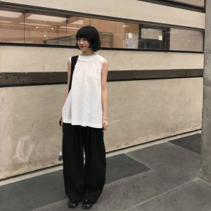 VKSOD | Korean Style White Vest Top Womens Summer 2025 High-End Black Wide Leg Pants Two-Piece Set Round Neck Long Sleeve Outerwear