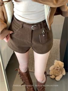 plus Size Brown Woolen Short Pants Women Autumn Winter Thickened Slim High Waist Tweed Boot Pants Korean Style Straight Leg Three-quarter Length