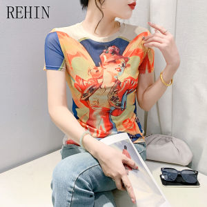 Rehin Áo thun cổ tròn tay ngắn in hoa mới lưới thời trang ôm vừa Áo nữ thanh lịch