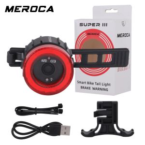 MEROCA Bicycle Rear Light USB Charging High Visibility Multifunction Flashing With Brake Sensor Tail Light MTB Road Bike Lamps