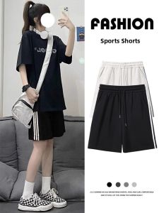 Black Cotton Shorts Womens High Waist Loose Fit Summer Thin Five-Quarter Length Sporty Casual Pants Street Style Straight Leg
