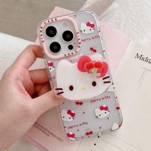 Sanrio | Korea Cartoon Cherry Hello Kitty Magnetic Stand Phone Case For iphone 17 16 15 14 Pro Max 13 17 For Magsafe Shockproof TPU Cover