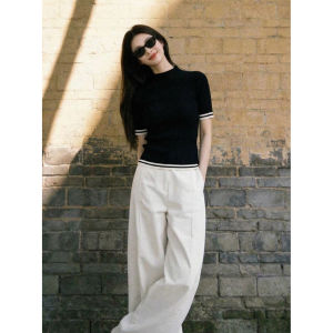 V.C.I | Black Half Turtleneck Striped Knit Short Sleeve T-shirt Summer Innerwear