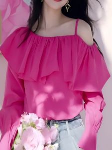 Ruffled Off-Shoulder Pink Blouse