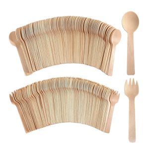 100 ชิ้นทิ้งมินิช้อนไม้ช้อนไอศกรีมผลไม้ขนมหวานส้อมช้อนงานแต่งงานบนโต๊ะอาหารอุปกรณ์ครัวเครื่องมือ