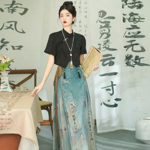 Ink Painting Horse-Face Skirt Daily Work Clothing Improved Hanfu Womens Clothing Summer Short Sleeve New Chinese Style National Style Suit Small