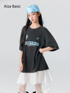 Aiza basic | Retro Washed Color-block Loose T-Shirt Dress