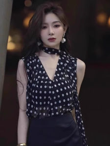 chaqi | Summer Neck Hanging Polka Dot Sleeveless Shirt Womens Outerwear High Design Sense Tie Unique Beautiful Vest Top Elegant Commute Style