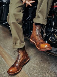 Authentic Leather Boots British Style Retro Motorcycle Martin Short Boots Mens Large Head Work Shoes Trendy Brand Breathable Lace-Up round Toe Rubber Outsole