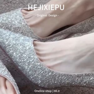 เงาแชมเปญเลื่อมชี้นิ้วเท้ารองเท้าส้นสูง ผู้หญิง ส้นบาง ทันสมัย สำหรับงานกลางคืน รองเท้าเจ้าสาวรองเท้าแต่งงานรองเท้าแม่บ้าน