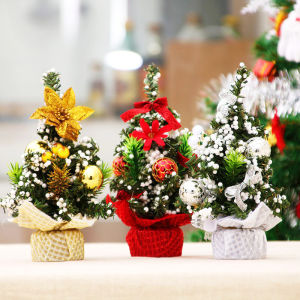 Mini Tabletop Artificial Christmas Tree With Ribbon Bow And Ball Ornaments Decorations For Home Office Home Decor Desk TABLE SMALL Mini Christmas Tree
