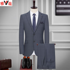 Yaloo Mens Plaid Suit Set Casual Business Wedding Dress Coat Middle-Aged Dad Formal Outerwear Two-Button Standard Fit Polyester Blend