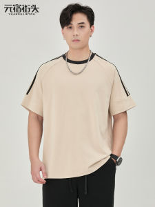 Street Style Mens T-Shirt Summer Short Sleeve round Neck Quick Dry Sun Protection Cool Feeling Color Block Fashionable Cotton Polyester