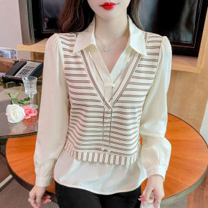 Fake Two-Piece Chiffon Shirt for Women 2024 New Arrival Spring Loose Stripes Polo Collar Elegant Spring and Summer Shirt Tops