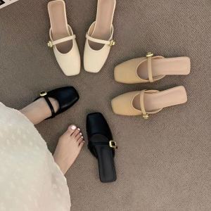 French Style Half Slippers Womens Shoes Outdoor Wear Soft Leather Mules Mary Jane Single Shoes Slip-On Flat Heel PVC Sole