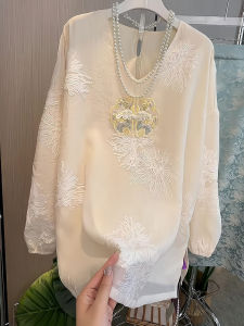 Áo Sơ Mi Màu Trắng Pha Trộn Phong Cách Trung Hoa Mới Mùa Xuân Hè 2025 Dành Cho Nữ Chất Liệu Polyester Dáng Rộng Dài Vừa Phải