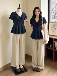 V.C.I | Navy V-Neck Short Sleeve Slimming Blouse for Plus Size Women