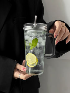 Large Capacity Glass Tea Cup with Handle Straw Fruit Beverage Drinking Water Summer Cold Brew Juice Drink Glass Cup
