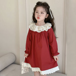 Red Cotton Princess Dress for Girls Spring Autumn New Style Sweet Doll Collar Long Sleeve Baby Pure Cotton Dress