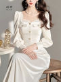 Elegant White Velvet Dress Women's Spring Autumn New Style Commute Korean Version Pure Color Waist Cinched Long Sleeve Midi Skirt. 