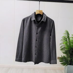 Heavy Weight! Dralon Fake Two-Piece Design! Spring New Men Casual Vintage Vertical Stripes Versatile Long Sleeve Shirt