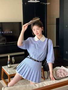 Miu Series Đại Học Trí Tuệ Phong Cách Màu Xanh Lam Trắng Áo Sơ Mi Sọc Váy Bộ Búp Bê Cổ Áo Top/Mini Váy Thời Trang Sành Điệu Nữ Hòa Nhạc