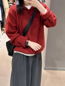 Christmas New Year Red Hooded Sweater Womens Autumn Winter New Style Outerwear Innerwear Base Knitted Shirt Warm Thickened