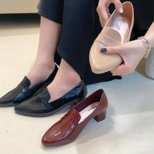 Womens  Classic Block Heel  Pointed Toe Patent  Leather Loafers  Fashionable  Versatile Shoes