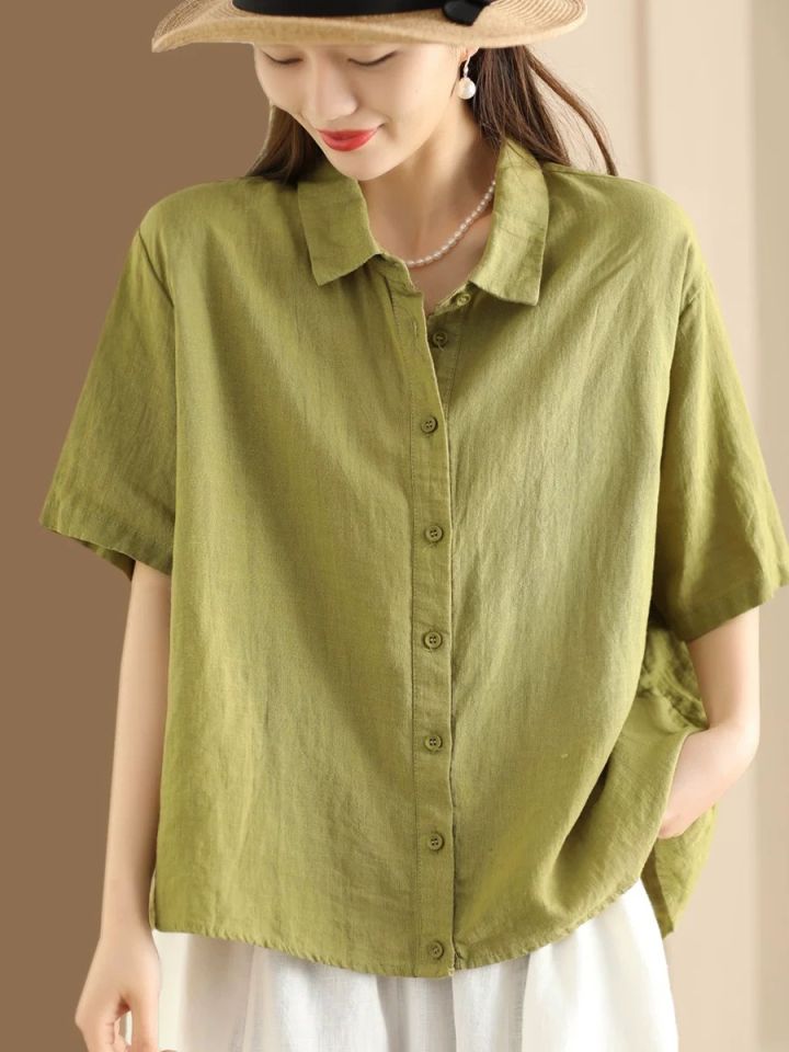 Fashionable Cotton Linen Short Sleeve Shirt Women Summer Simple Pure Color Loose Casual Turn-down Collar Shirt Age-defying Trendy