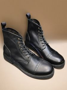Retro American British Style round Toe Workwear Martin Motorcycle Short Boots Mens High Top Genuine Black Leather Soldier Boots