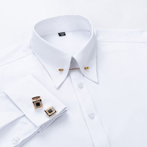 Embroidered French Cufflinks Mens Long-Sleeve Shirt with Collar Pins Big Collar Dress Shirt for Business Formal Wear Gentlema