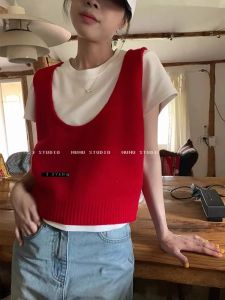 Red U-Neck Knitted Vest Womens Spring Autumn Sleeveless Tank Top Small Size Top Layering Clothing Commute Style Slim Fit