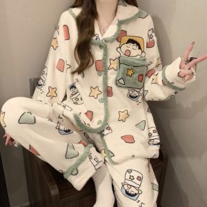 New Chinese Style Womens Sleepwear Winter Coral Fleece Thickened Fleece Plush Flannel Cute Panda Ink Drawing High-End Home Clothes