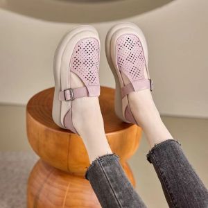 Brand New Summer Leather Hollow out Slip-On Sandals Breathable Woven Flat Bottom Clog Shoes Elegant Low Cut for Young Women Daily Wear