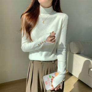 Fall Korean Style Solid Color Knitwear Button Half High Collar Andy Velvet Inner Wear Sweater Pure Color Commute Wind