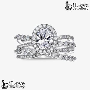 iLove Jewellery 925 Sterling Silver 18K White Gold Plated 1.4ct Oval Cut Row Diamond Cubic Zirconia Ring Luxury Women Fashion Jewelry Gifts ILR026