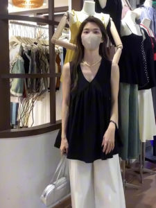 Stylish Mid-Length Black Vest Womens Summer Sleeveless V-Neck Top Design Sensation Small Size Fashionable Commute Style