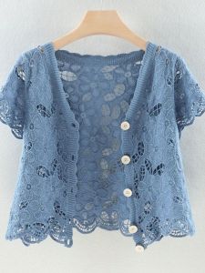 Lightweight Knitted Open Cardigan Short Sleeve Hollow out Design Summer Outerwear for Women Straight Cut Commute Style