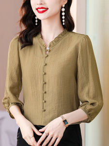 Long Sleeve Chiffon Blouse Womens Spring 2025 New Style Fashion Top Belly Concealing Anti-Aging Elegant Small Shirt