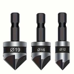 3Pcs Hex Shank Five-Blade Chamfering Tool 90-Degree Hole Opener for Wood Deburring Tool Woodworking Chamfering Knife Countersink Drill Bit