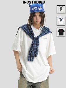 Áo Thun Cotton Nam INSstudios Dáng Rộng Tay Ngắn Họa Tiết Kẻ Caro Phong Cách Mỹ Kết Hợp Hai Mảnh Không Cần Ủi