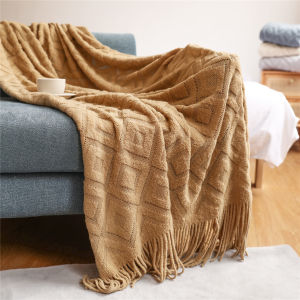 Soft Cozy Cable Knitted Blanket with Tassels Luxury Chunky Knit Camel Throw Blanket Gift Spring Nordic Blankets for Home Decor