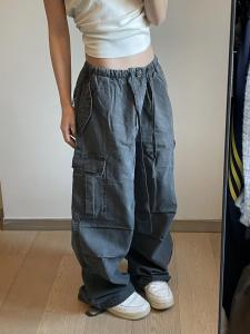 Retro American Washed Loose Work Pants Mens Street Straight Leg Trousers with Pockets Drawstring Wide Leg Jeans