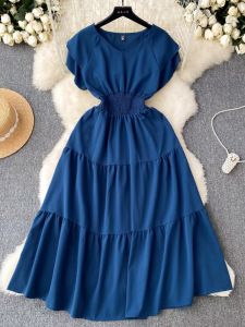 Retro Hepburn Style Womens Dress Summer Gown Waist-Cinching Pleated Design High-end A-line Long Skirt Korean Commute