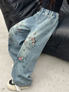 เด็กผู้หญิง ทันสมัย ขากว้าง กางเกงยีนส์ ฤดูใบไม้ร่วง 2024 New Print Straight Leg กางเกง High เอว กางเกงขายาว For Junior High School Girls